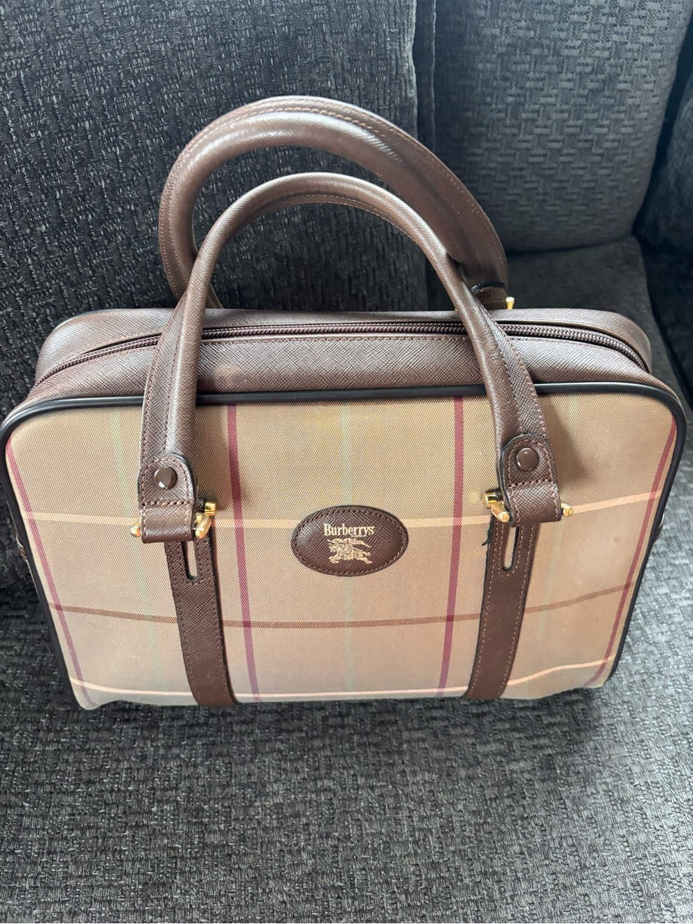 Burberry Tan Plaid Canvas handbag-with Brown Leather Trim